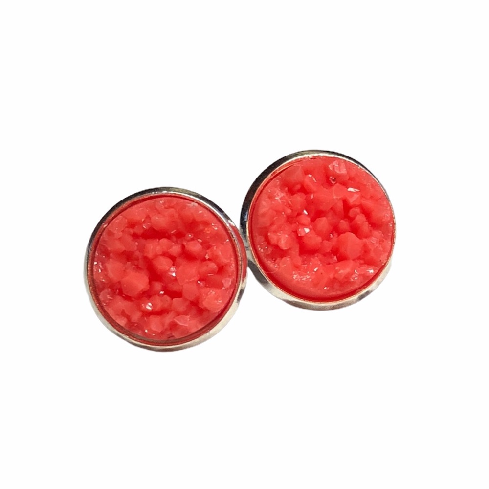 Bright Coral Chunky Druzy Silver Earrings!